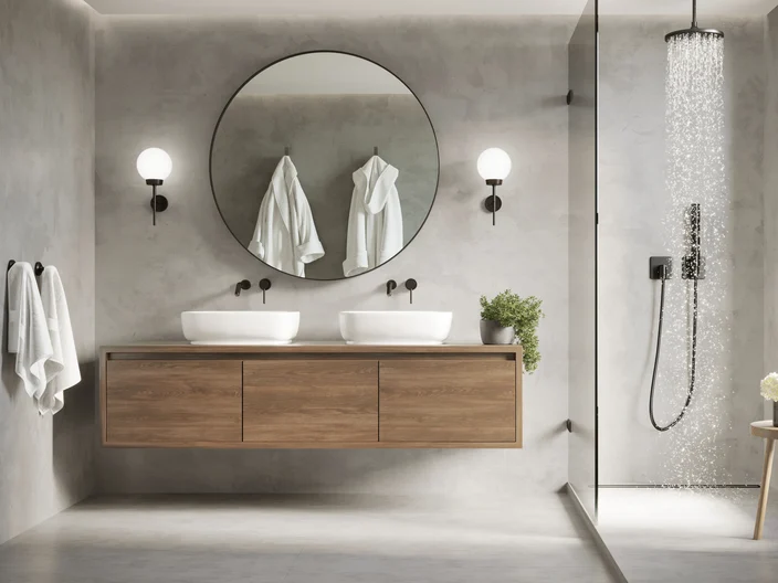 3d modern contemporary grey concrete bathroom with  round mirror