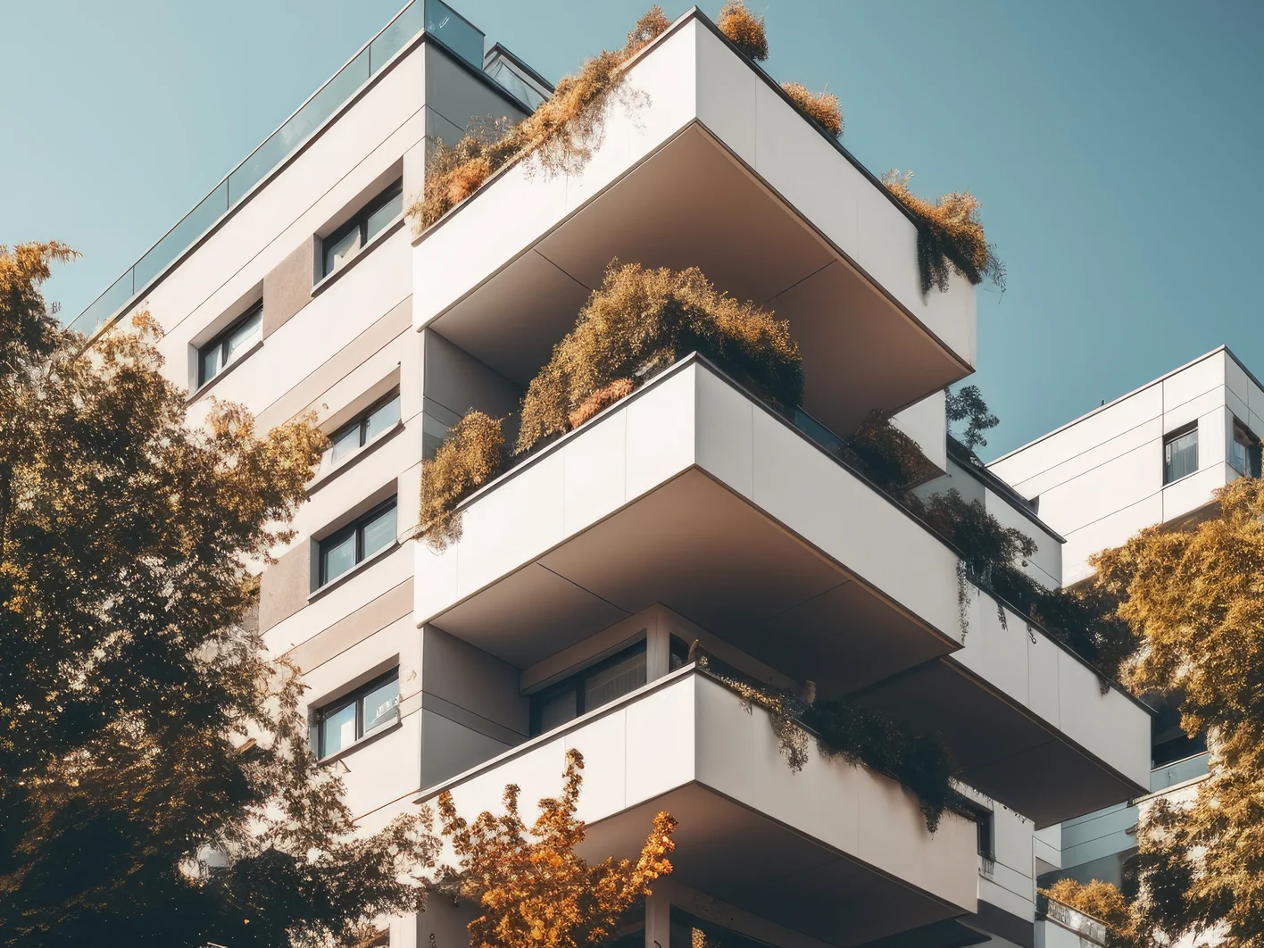 Tall apartment building with nearby trees featuring a sleek facade in a high quality photo