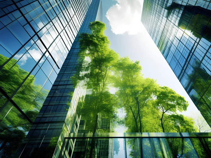 Exemplifying the ESG - Environmental, Social, Governance concept, a corporate glass building facade reflects green trees. Importance of integrating sustainability into business practice. Generative AI