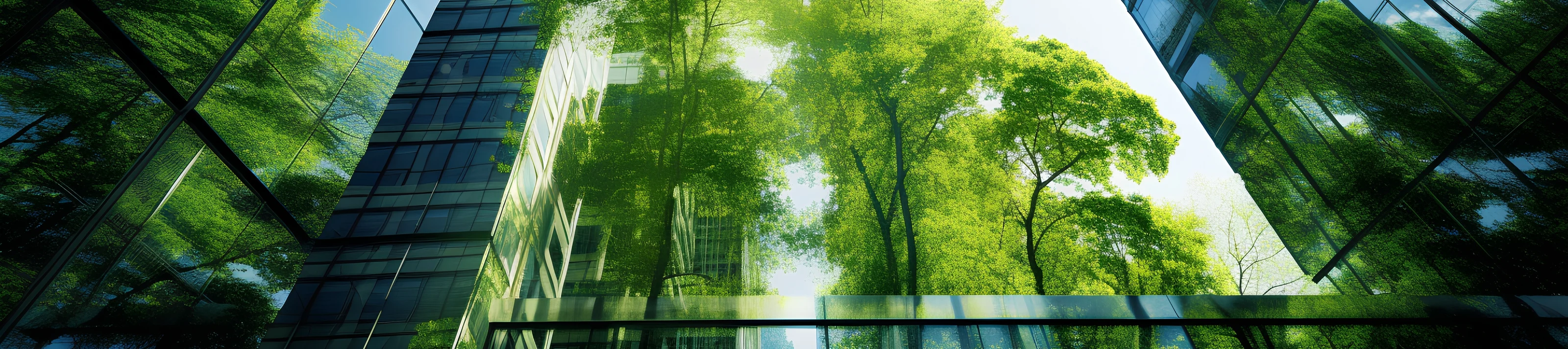 Exemplifying the ESG - Environmental, Social, Governance concept, a corporate glass building facade reflects green trees. Importance of integrating sustainability into business practice. Generative AI