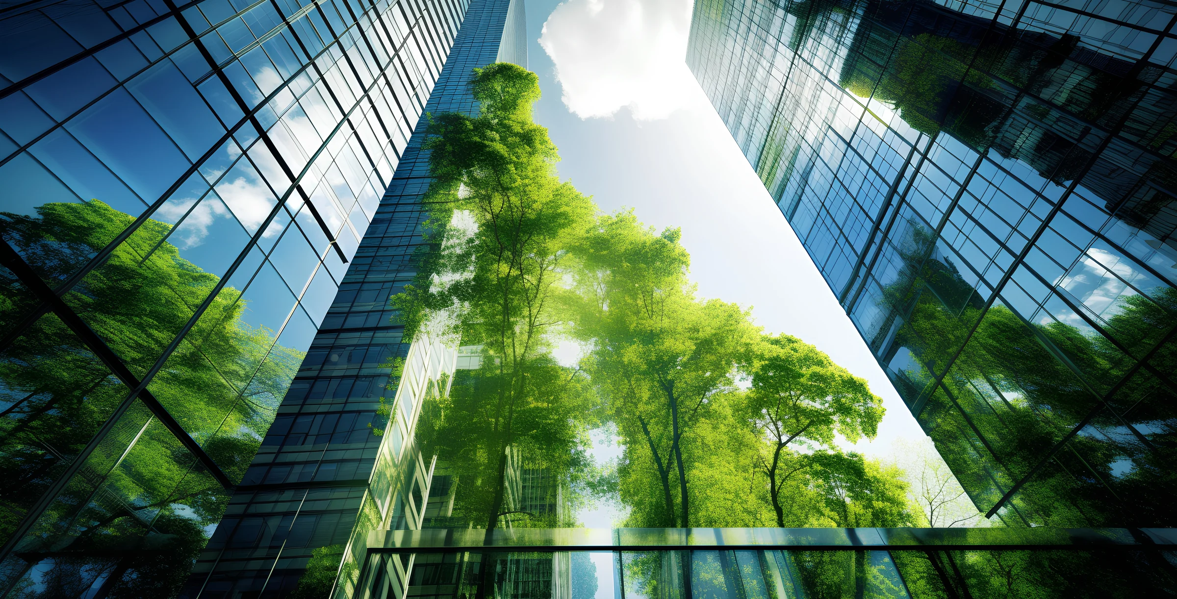 Exemplifying the ESG - Environmental, Social, Governance concept, a corporate glass building facade reflects green trees. Importance of integrating sustainability into business practice. Generative AI