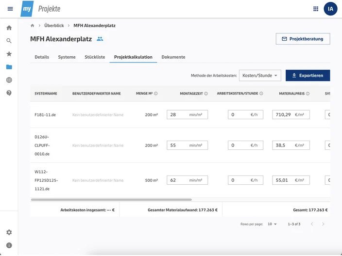 myKnauf Projects Kalkulation calculation