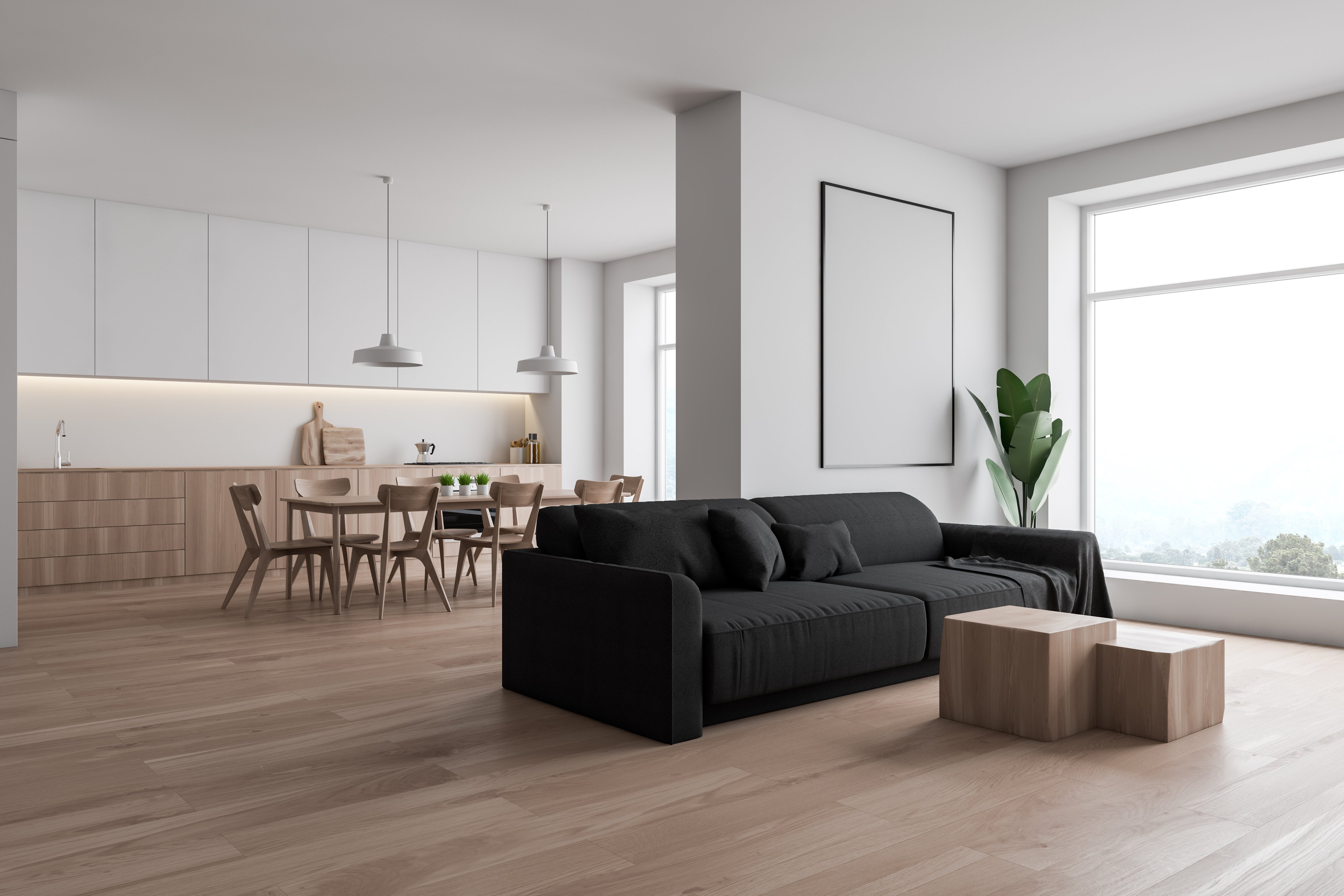 White living room and kitchen corner