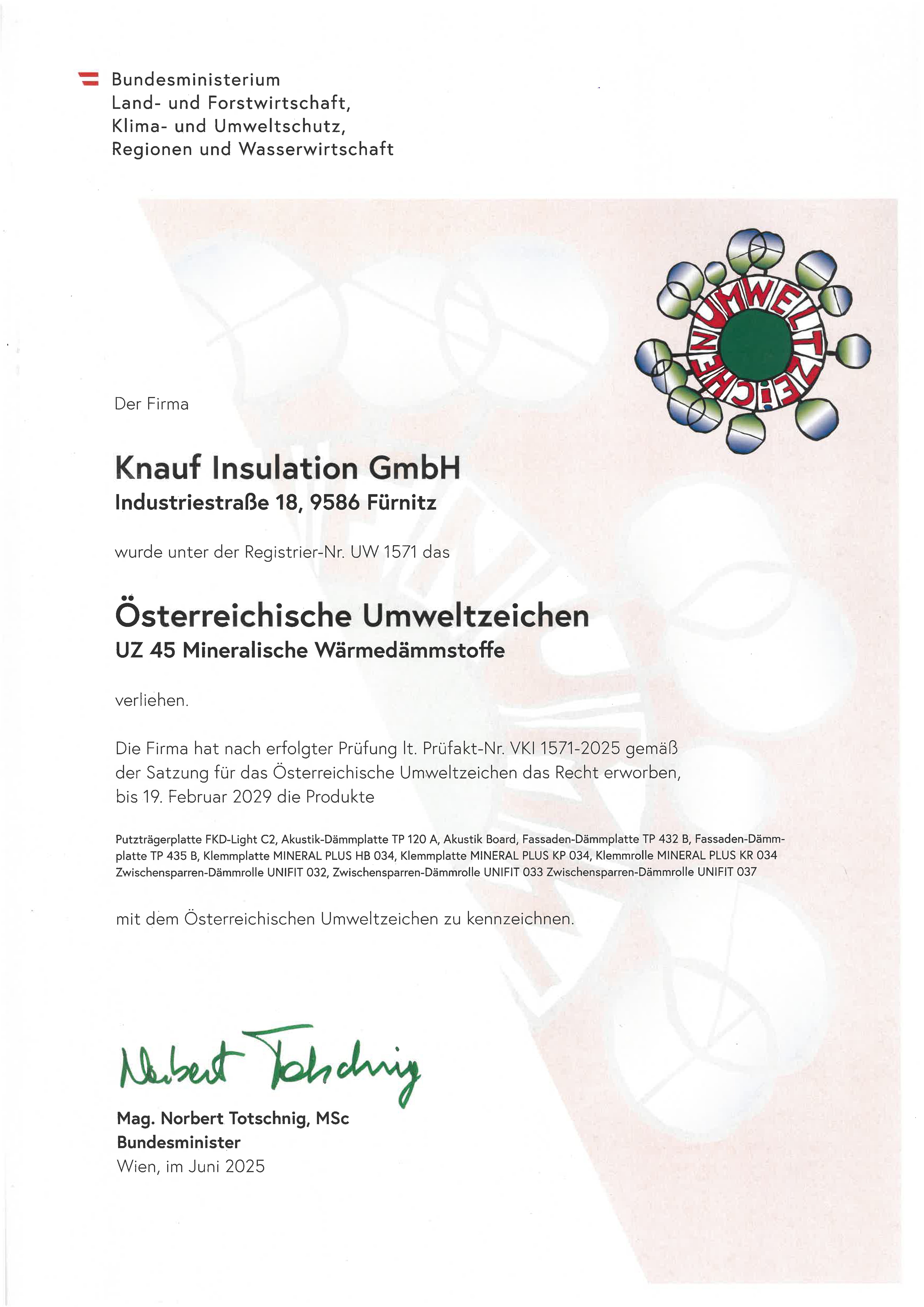 Österreichisches Umweltzeiches Knaufinsulation Glasmineralwolle