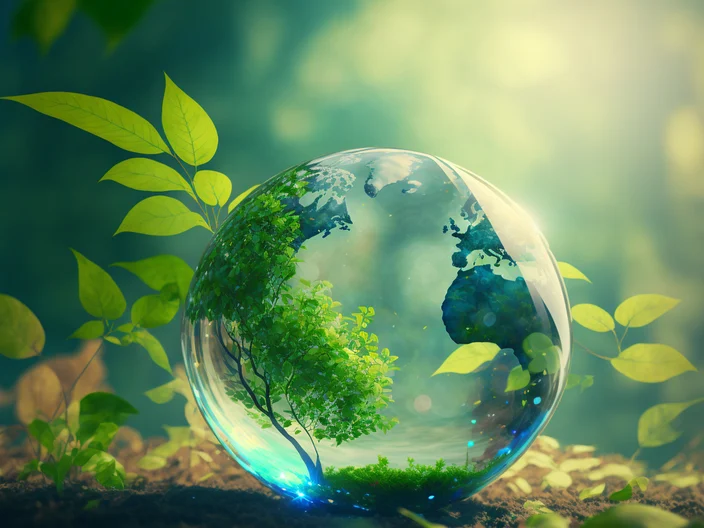 World environment and earth day concept with glass globe and eco friendly enviroment