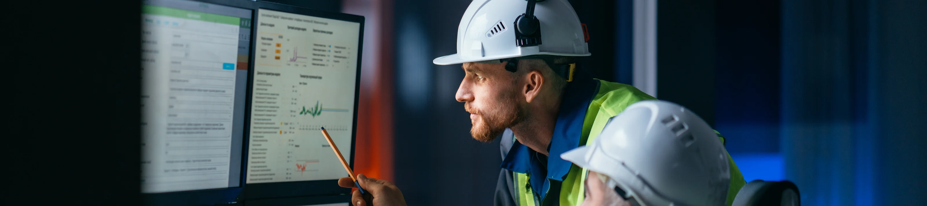 Group of operators control process on product line uses industry 4.0 and digital technology on modern factory. Two engineers follow assembly process uses SCADA system which AI technology and UI 