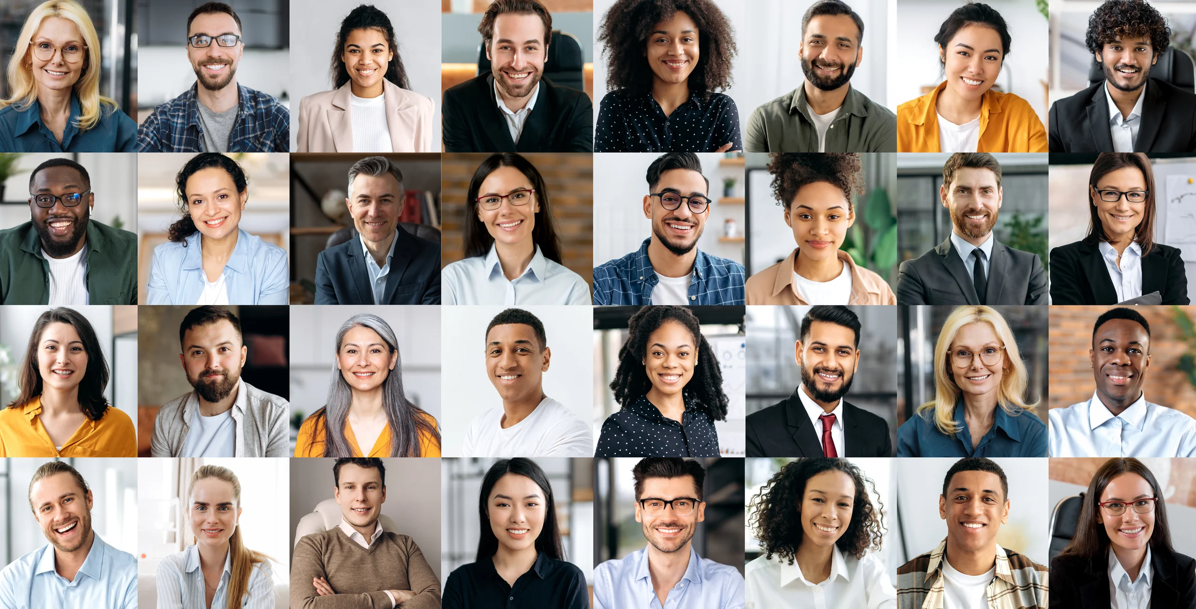Panoramic collage of a lot of happy positive multiracial people looking at the camera. Many smiling multiethnic faces of successful business people of different ages, smiling friendly into the camera