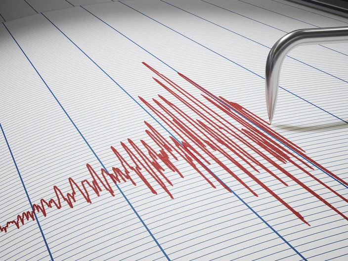Seismograph for earthquake detection or lie detector is drawing graph. 3D rendered illustration.