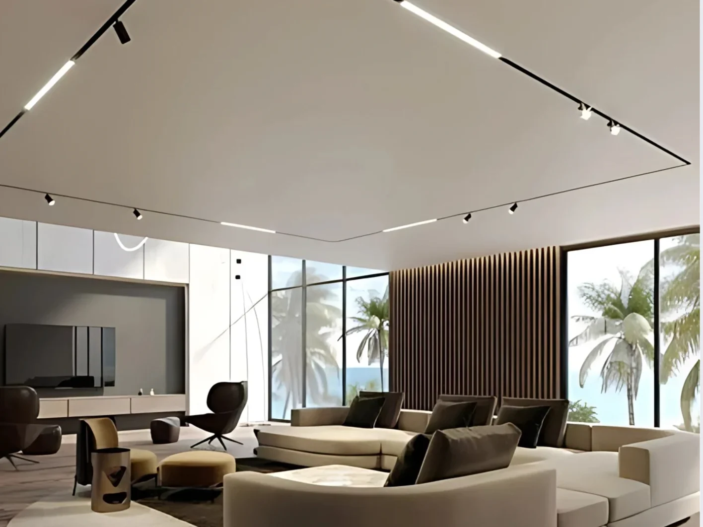 Trần thạch cao chìm phẳng kết hợp hệ thống đèn LED tạo điểm nhấn cho phòng khách 