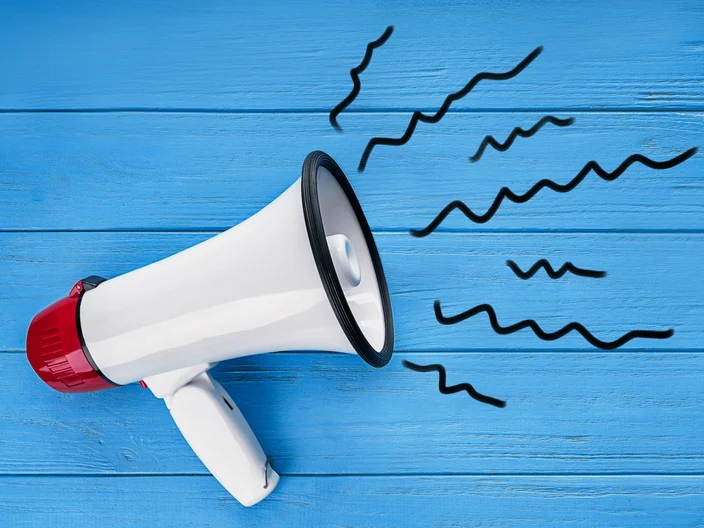 Megaphone on color wooden background