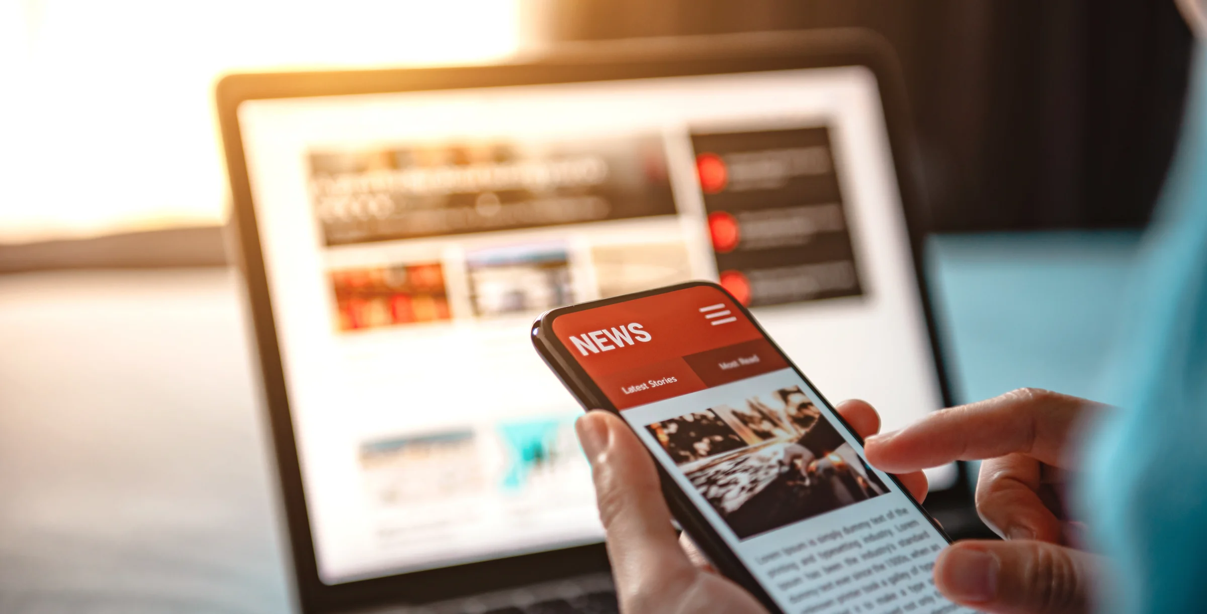 Online news on a smartphone. Mockup website. Woman reading news or articles in a mobile phone screen application at home. Newspaper and portal on internet.