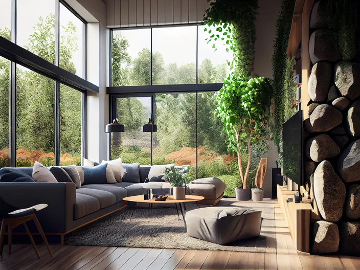 cozy luxury living room with furniture, wooden floor, stone wall