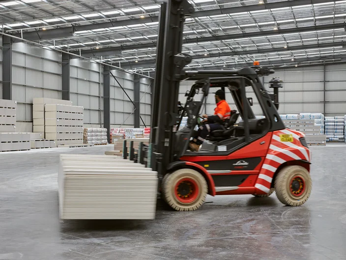 Plasterboard on forklift in warehouse