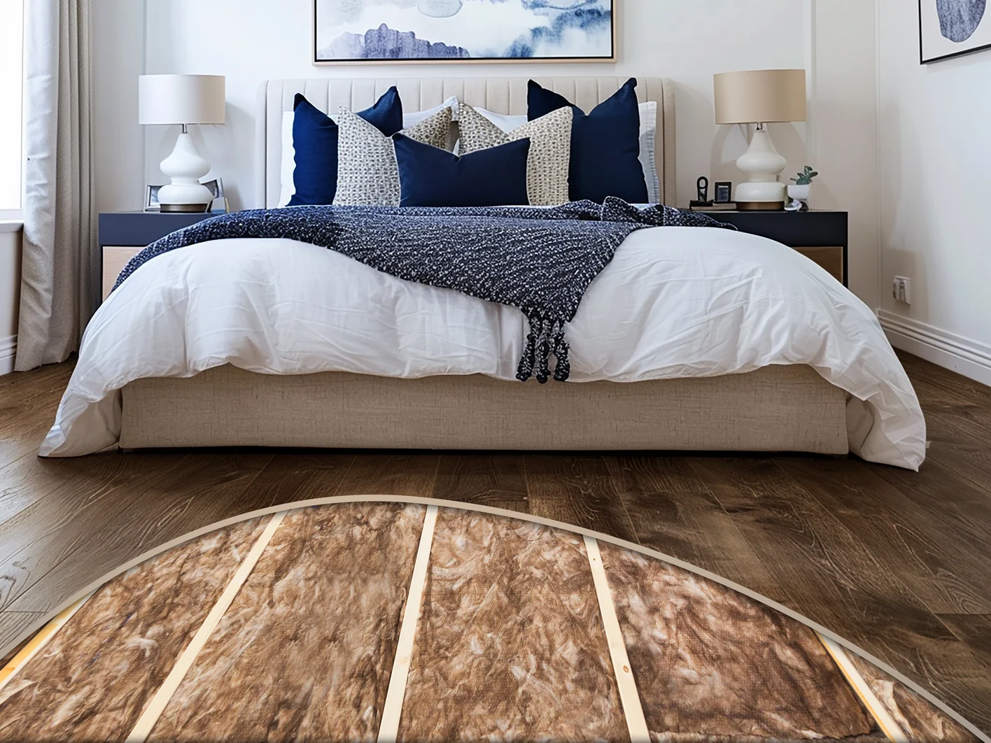 Bedroom with floor showing insulation