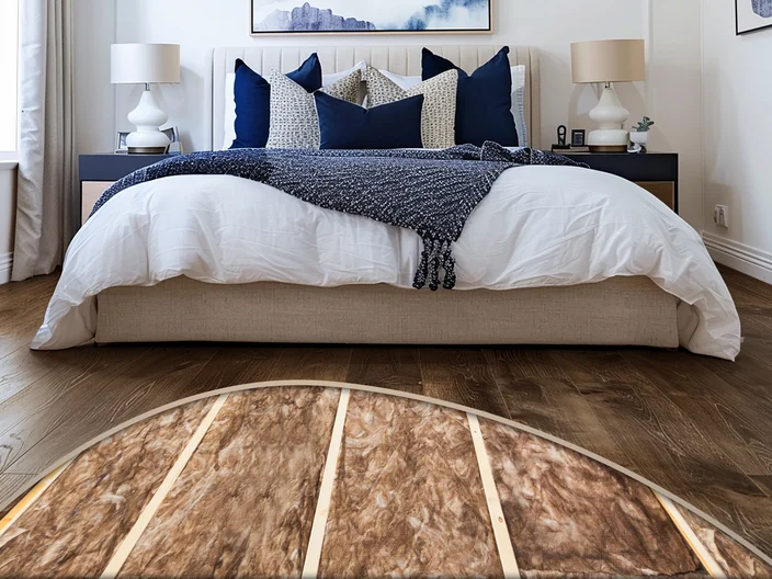 Bedroom with floor showing insulation