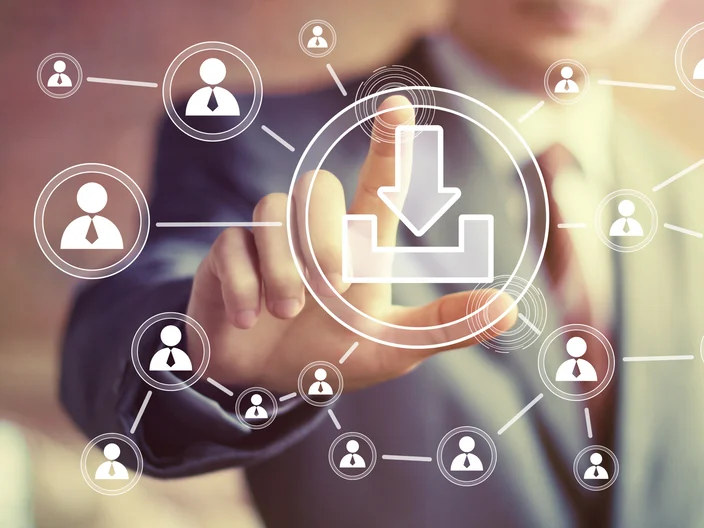 Businessman pushing web button download communication icon