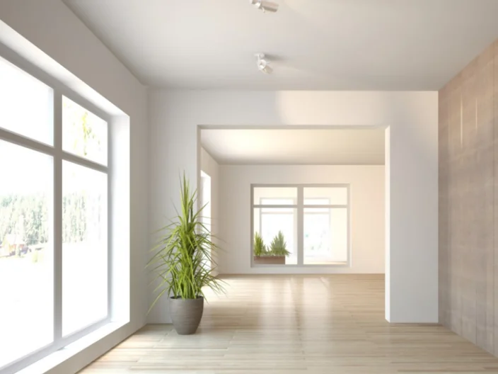 Neubau heller Raum große Fenster Pflanze Durchgang