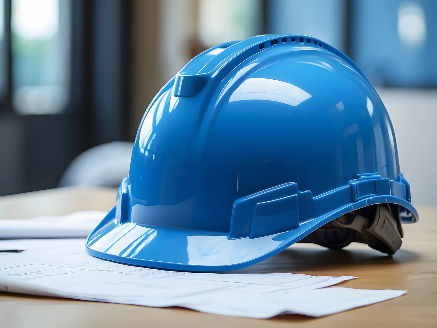 A blue construction helmet with a construction plan