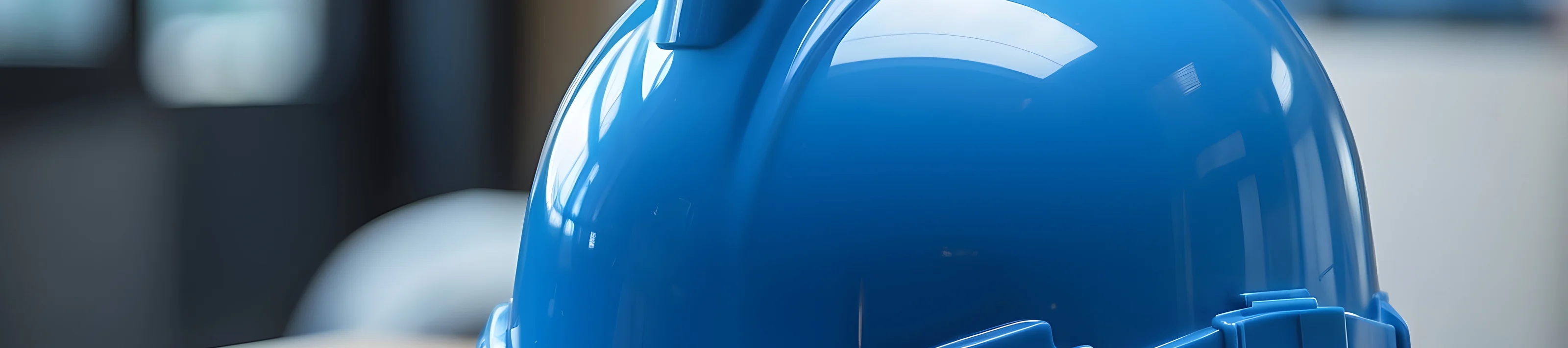 A blue construction helmet with a construction plan