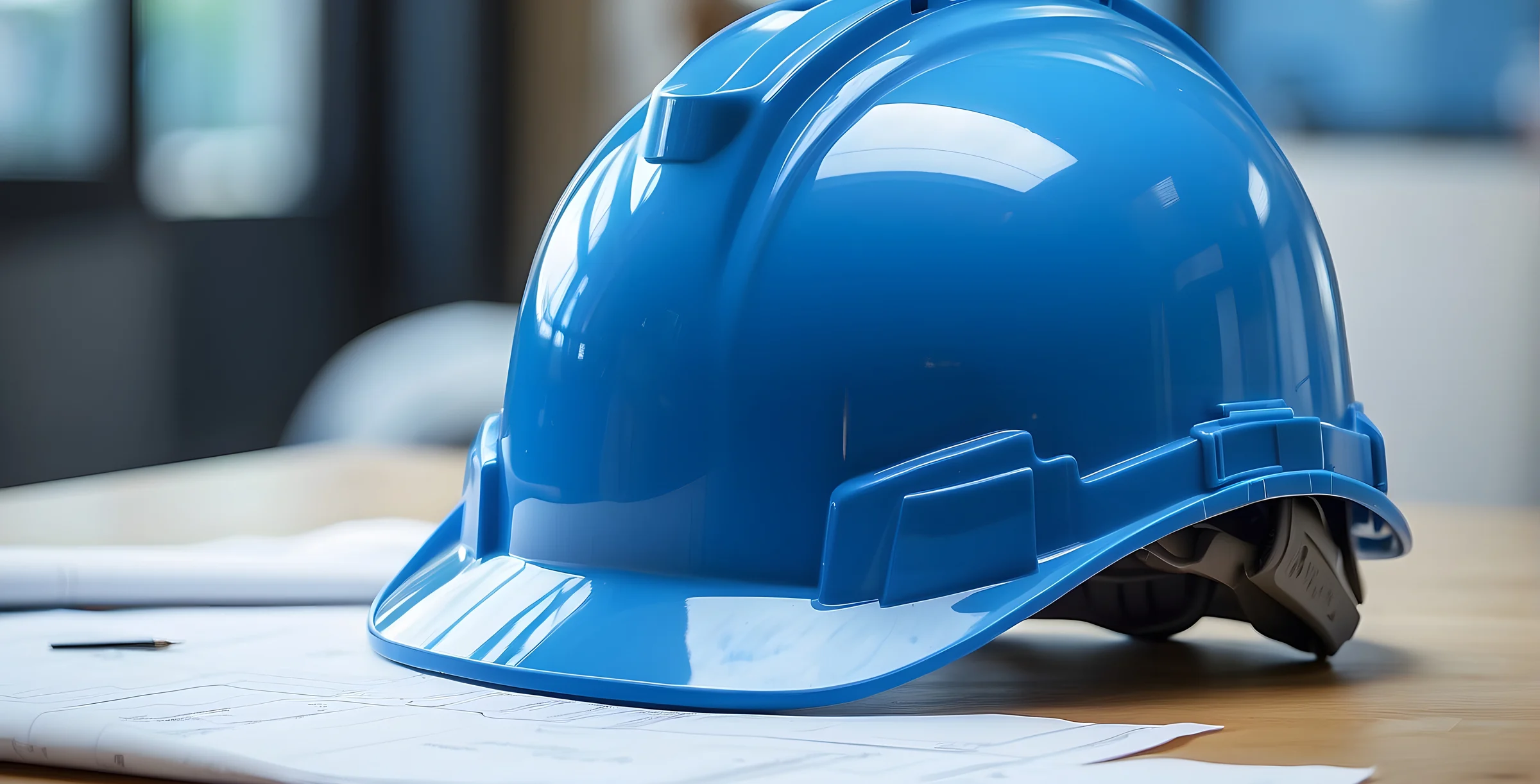 A blue construction helmet with a construction plan