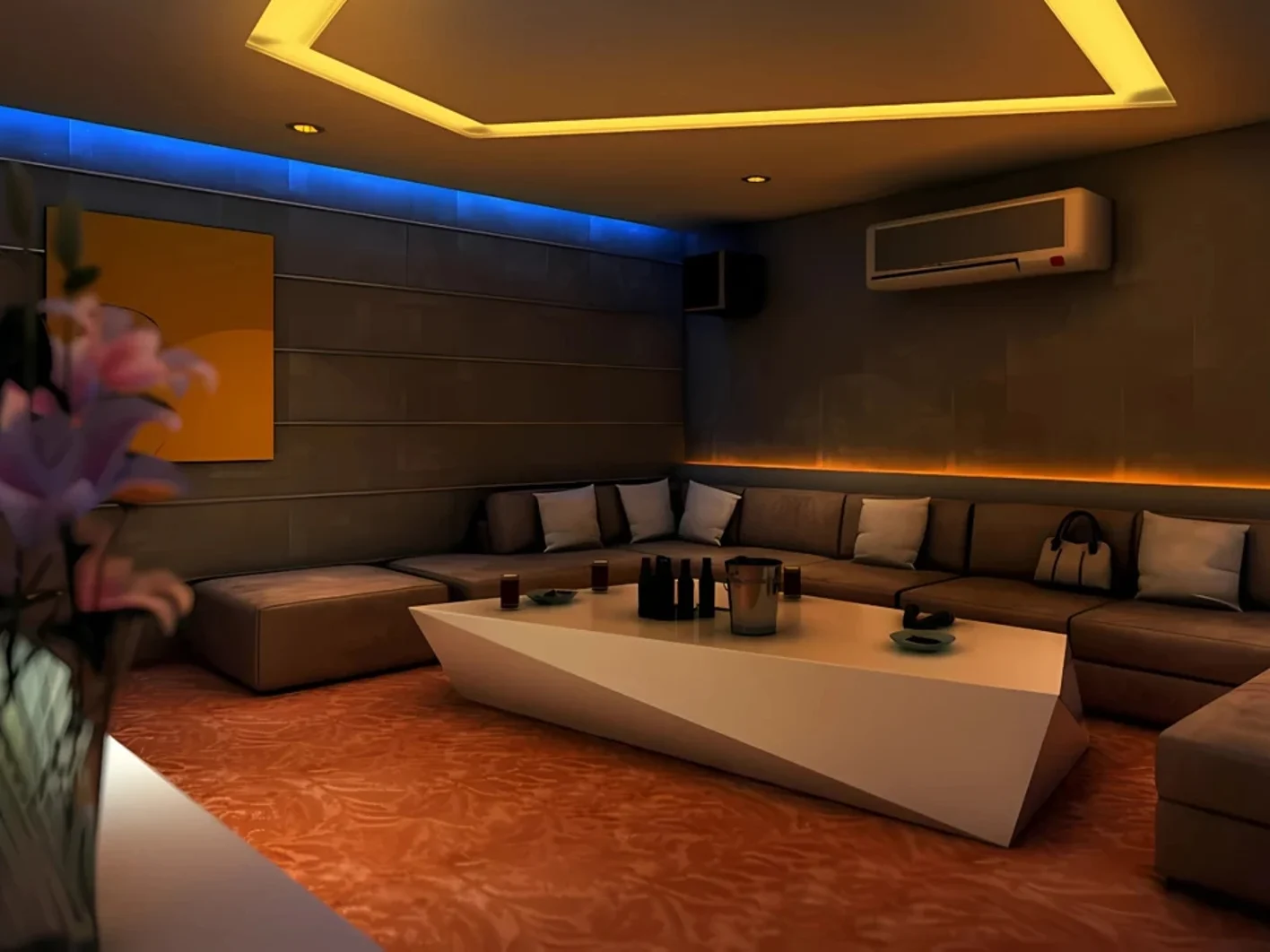 Trần thạch cao với thiết kế hình X tạo điểm nhấn độc đáo, mới lạ cho phòng karaoke