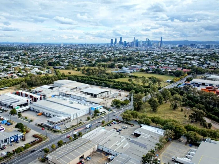 Warehouse with city skyline