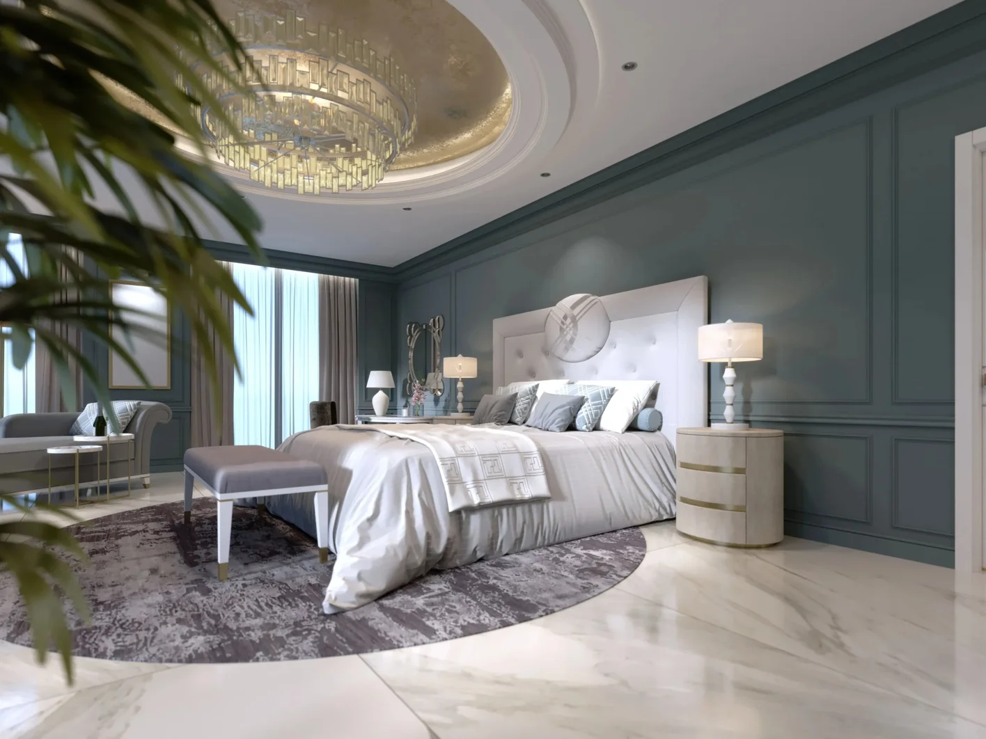 Thiết kế trần thạch cao phòng ngủ giật cấp tròn kết hợp đèn chùm lớn thể hiện sự đẳng cấp
