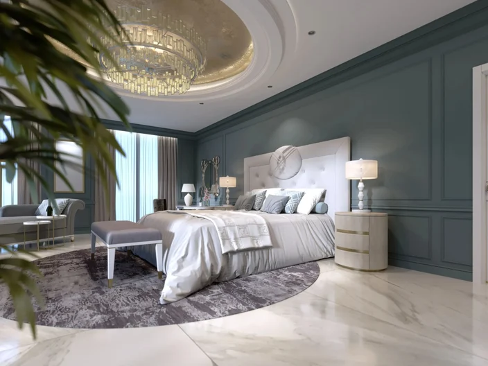 Thiết kế trần thạch cao phòng ngủ giật cấp tròn kết hợp đèn chùm lớn thể hiện sự đẳng cấp