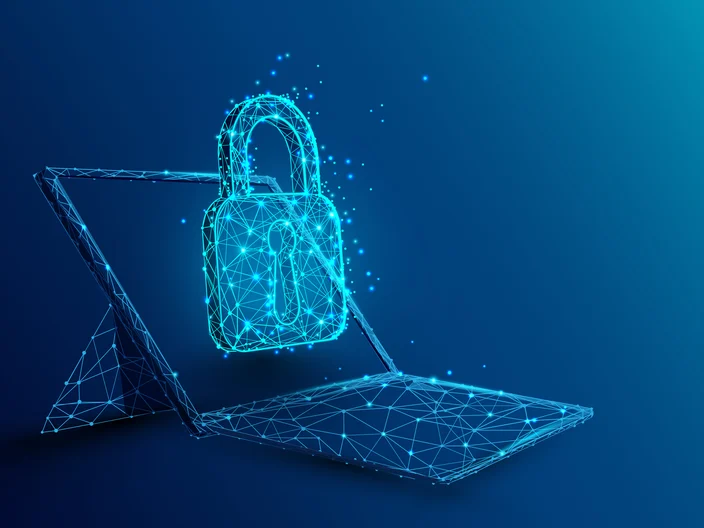 Laptop with padlock and security concept from lines, triangles and particle style design. Illustration vector