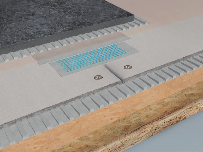 Grindų konstrukcija su AQUAPANEL® cementine grindų plokšte