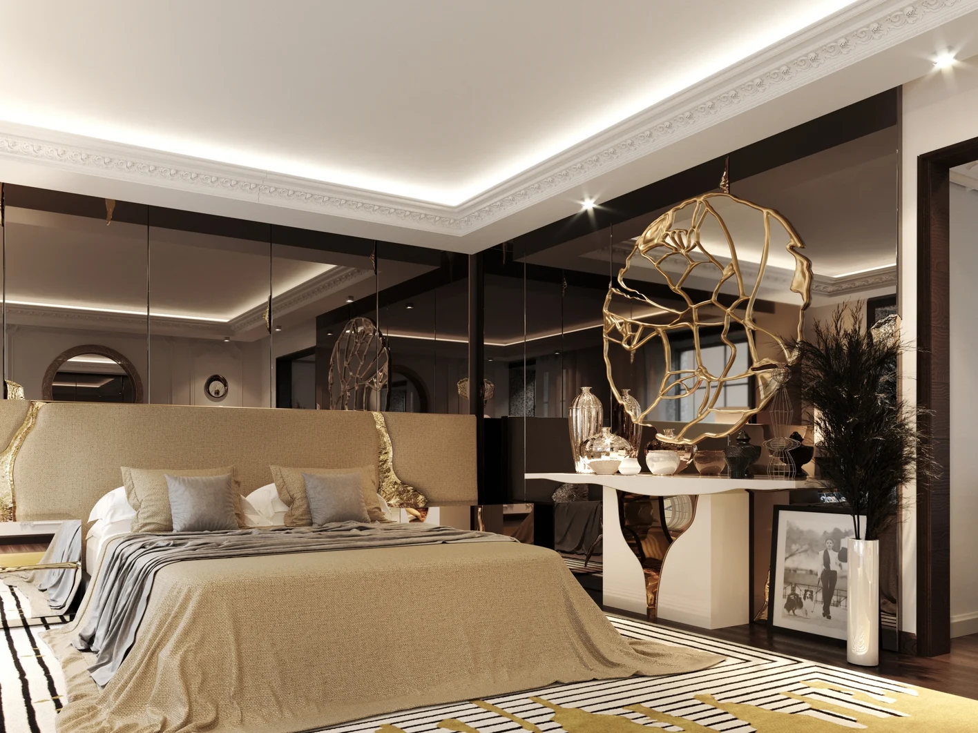 Trần thạch cao phòng ngủ giật 1 cấp kết hợp đèn âm trần giúp tạo nên vẻ sang trọng