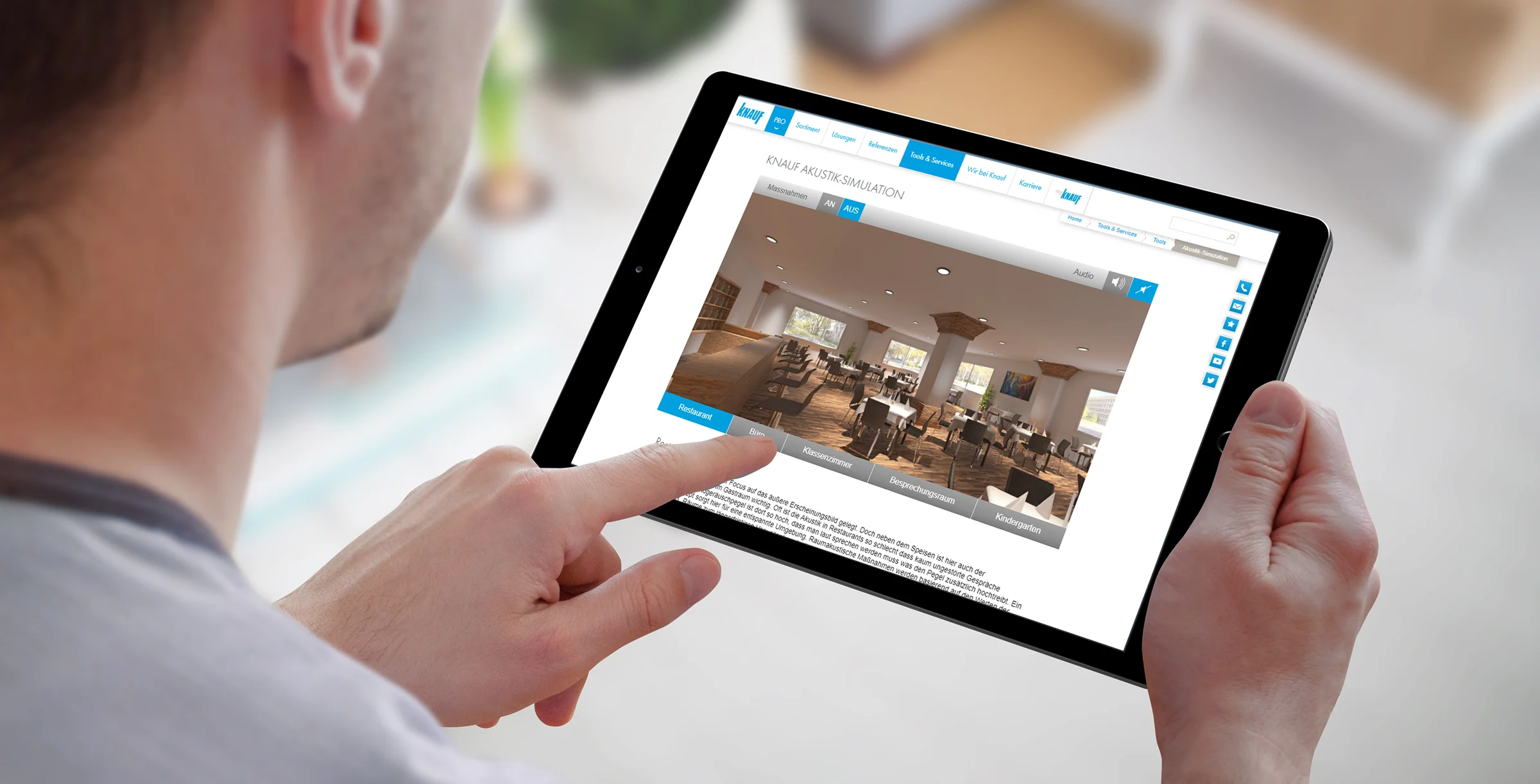 Smart home control on tablet. Interior of living room in the background.