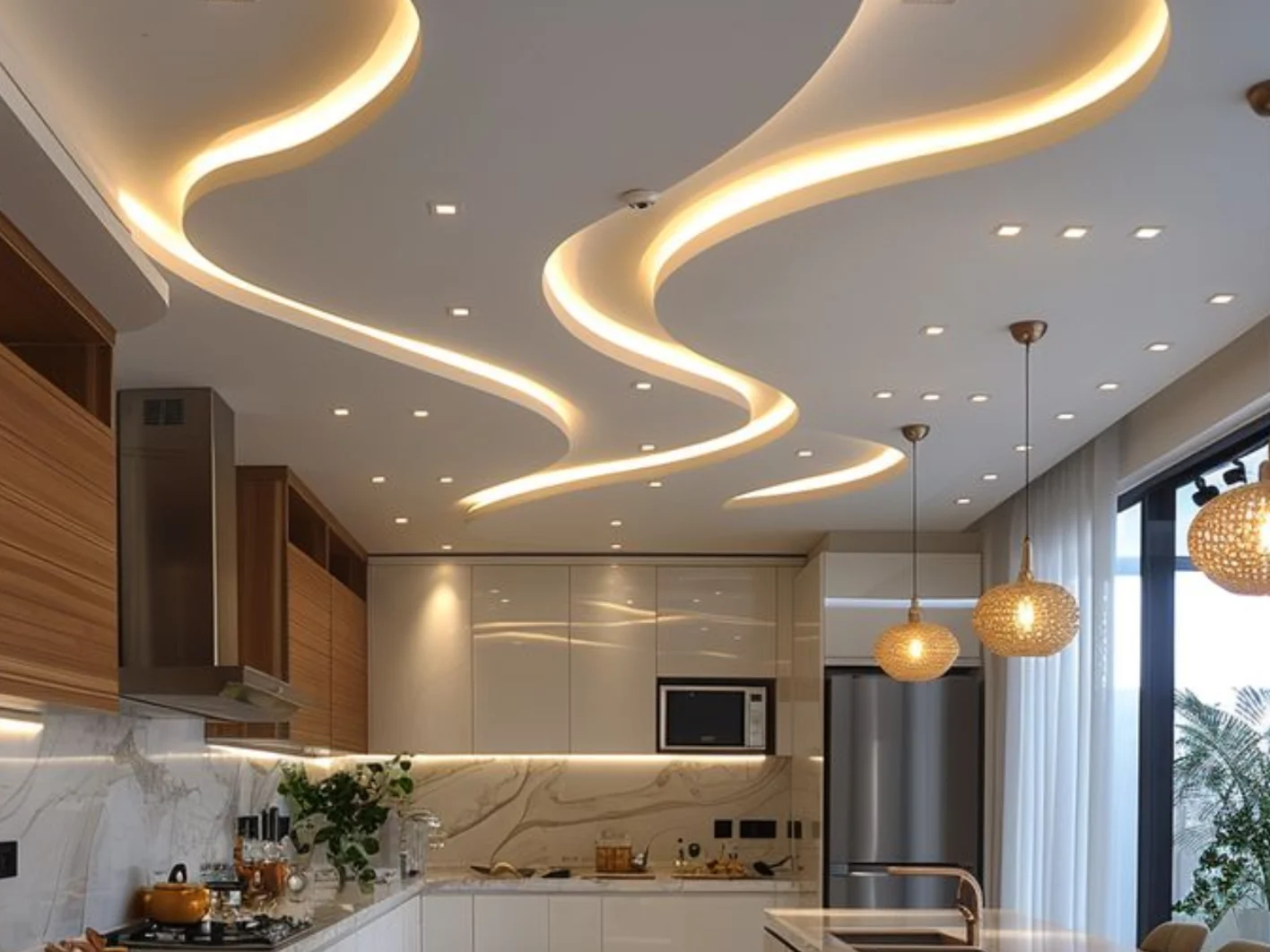 Mẫu trần thạch cao phòng bếp đẹp và hiện đại phù hợp với xu hướng