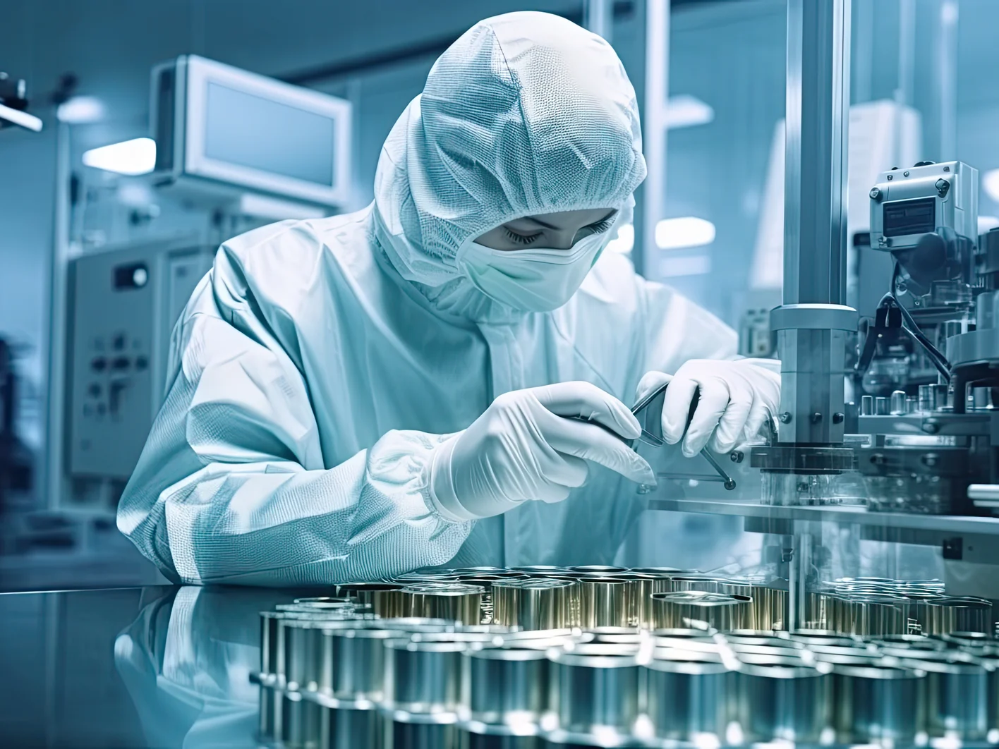 a scientist weraing full clean room working in a semi conductor laboratory