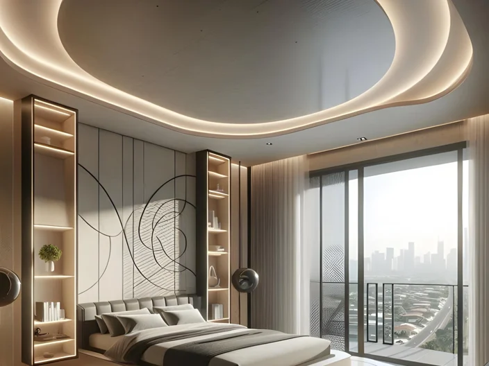 Trần thạch cao uốn cong giật cấp hở kết hợp với đèn giúp không gian thêm ấm cúng 