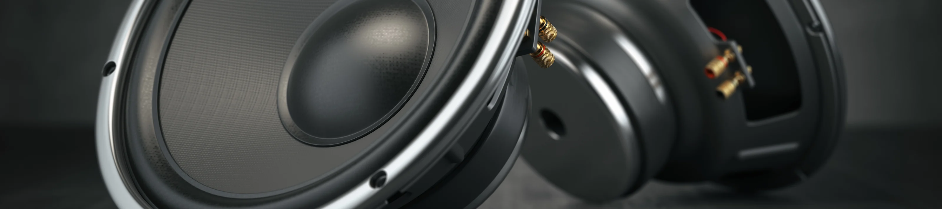 Sound speakers. Multimedia acoustic sound loudspeakers on black rough background