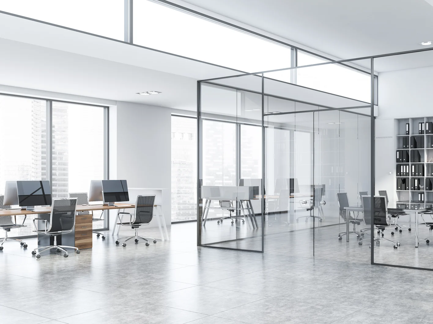 Glass meeting room corner in white office