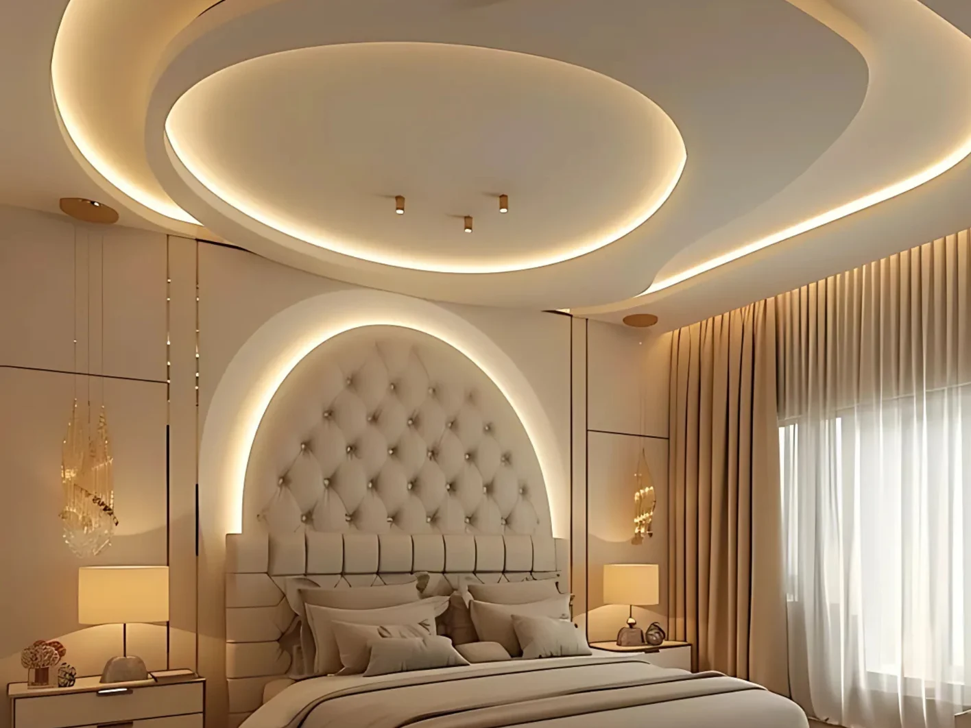 Trần thạch cao chìm với thiết kế uốn lượn tinh tế, mang lại vẻ đẹp hiện đại và không gian 