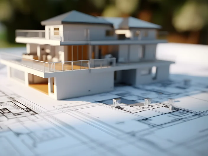 3d small house model on architecture floorplan created with Generative AI