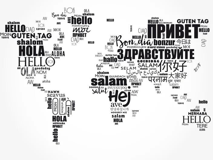 Hello in different languages word cloud World Map, business concept background