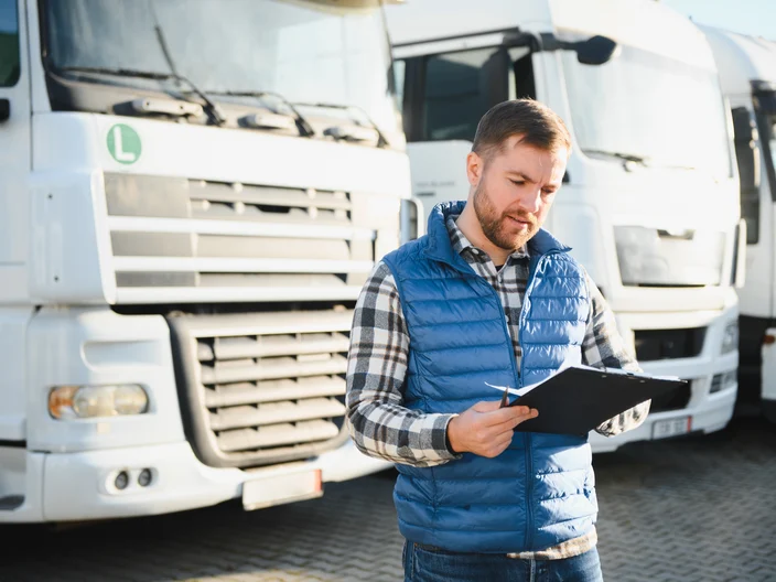 Truck driver checking shipment list while standing on parking lot of distribution warehouse