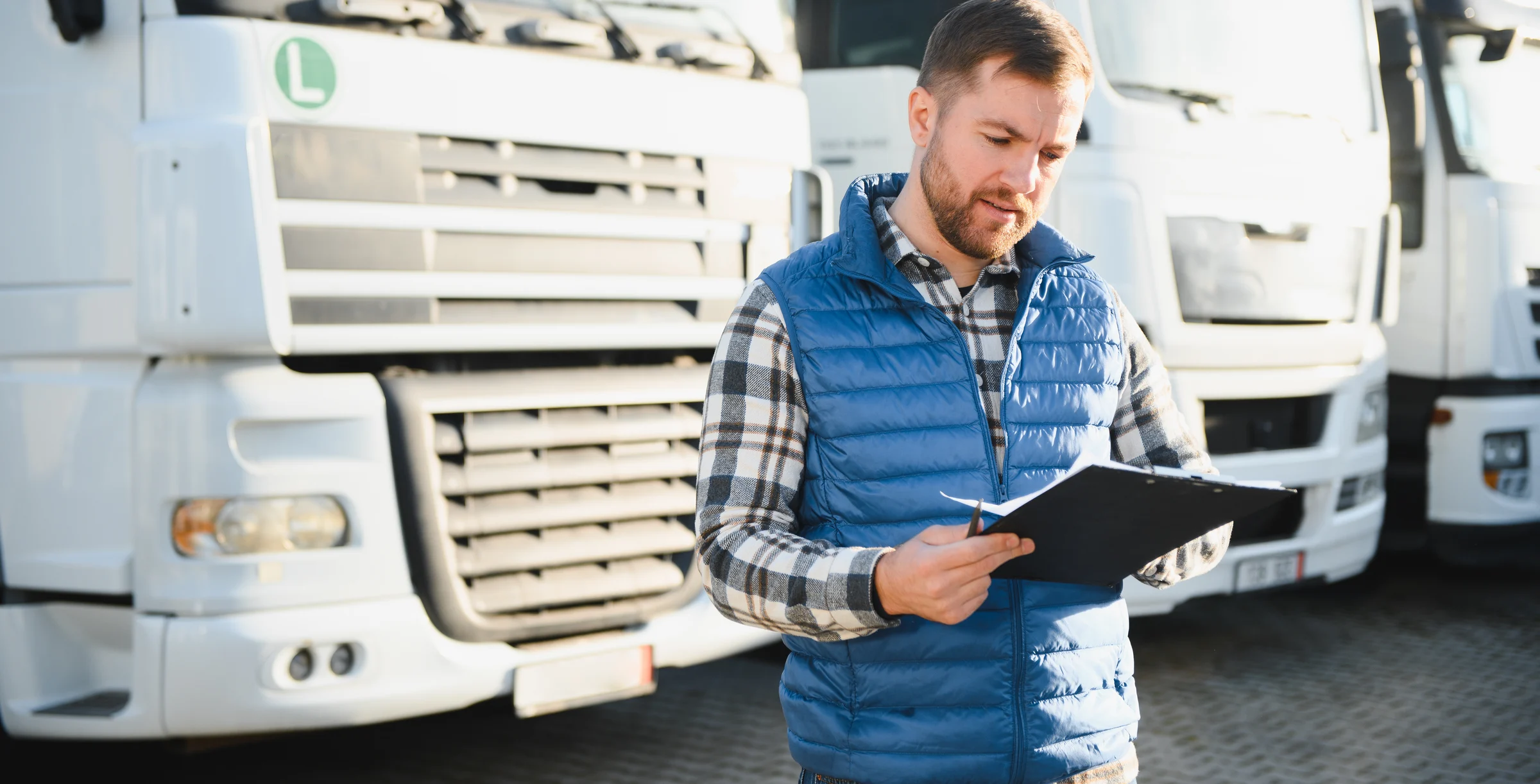 Truck driver checking shipment list while standing on parking lot of distribution warehouse