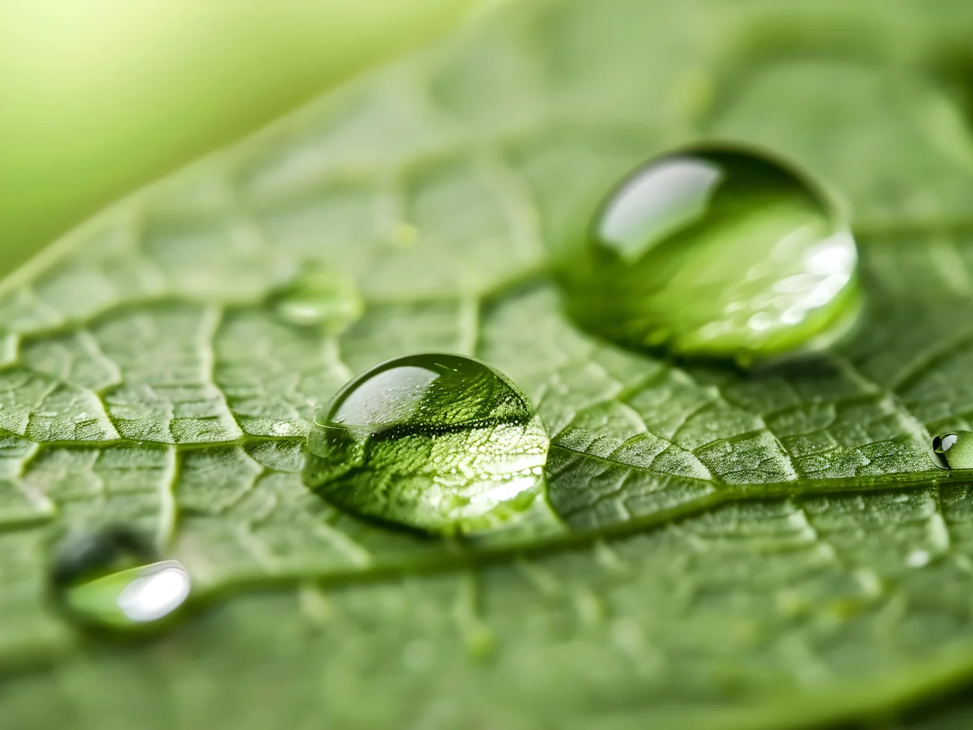 Macro photography of water drops on a green leaf