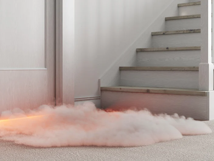 Feuer im Haus mit Rauch unter der Tür aus Zimmer