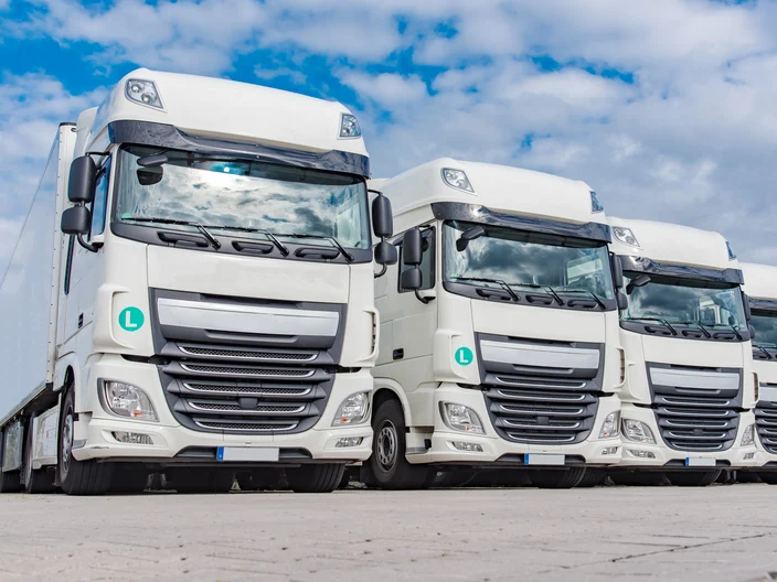 Spedition - Logistik , vier weiße LKW`s geparkt