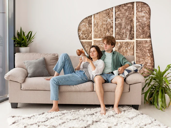 Couple sitting on couch with wall insulation