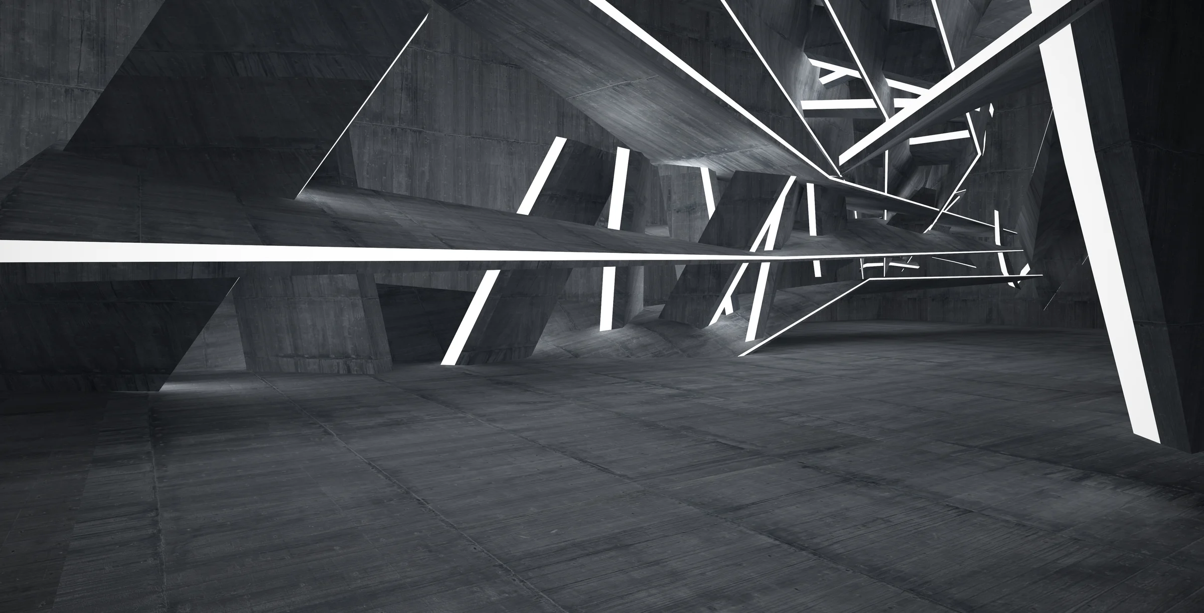 Empty dark abstract concrete room interior. Architectural background. Night view of the illuminated. 3D illustration and rendering