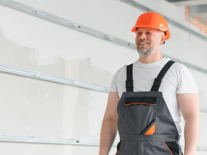 Portrait of positive male builder in hard hat