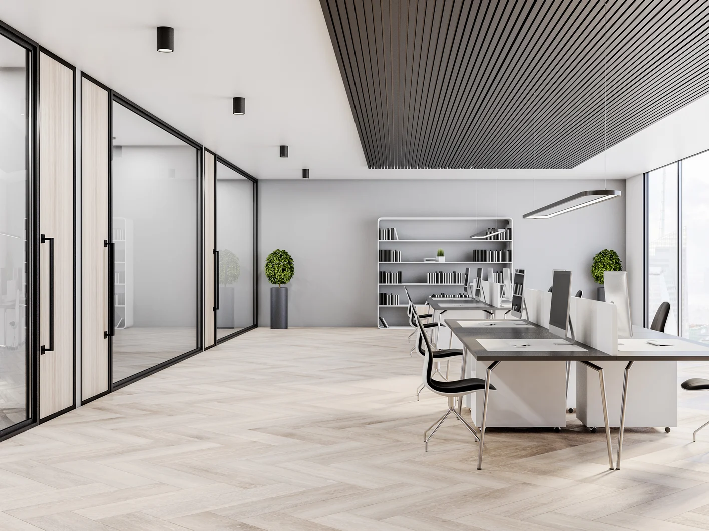 Modern sunny open space office design with glass walls along the corridor, computers, city view windows, white walls and wooden floor