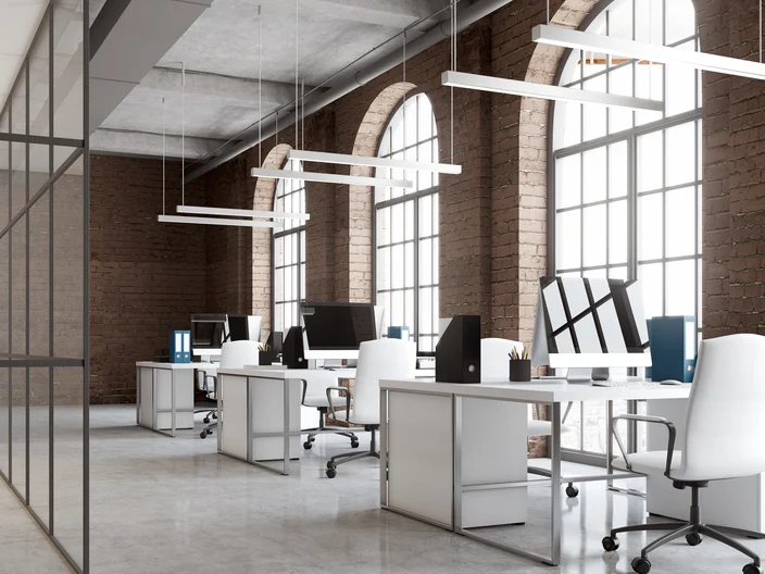 Brick office, arch windows, computers side